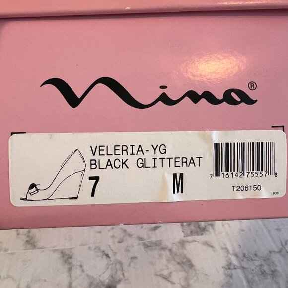 Nina Veleria Wedges Size 7 Black Glitterati Rhinestone Detail Open Toe … - Picture 9 of 12